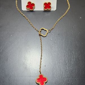 Gold and Red Clover Necklace Set